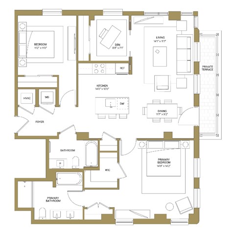 A floor plan of a house with a living room, kitchen, dining room, and multiple bathrooms.